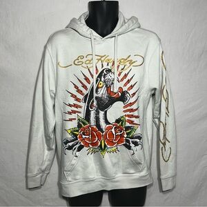Ed Hardy Men's S Cream Panther Roses Pullover Sweatshirt Oversized Hoodie